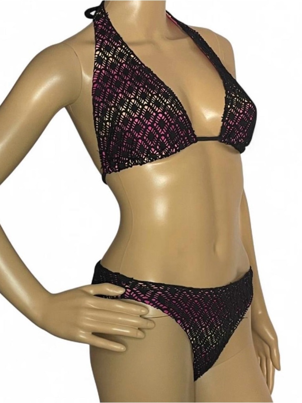 Joe Boxer Black Crochet Bikini with Pink Underlay